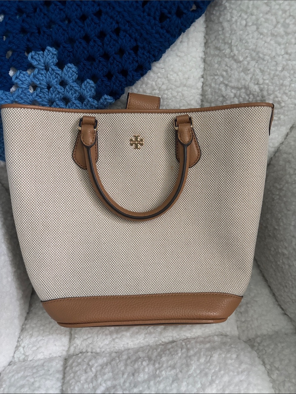 Tory Burch Cream Canvas Tote with Tan Leather Trim